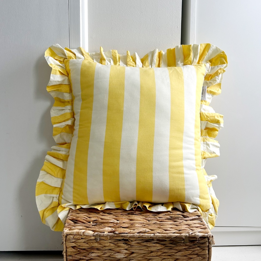 Yellow and White Cabana Striped Ruffle Pillow